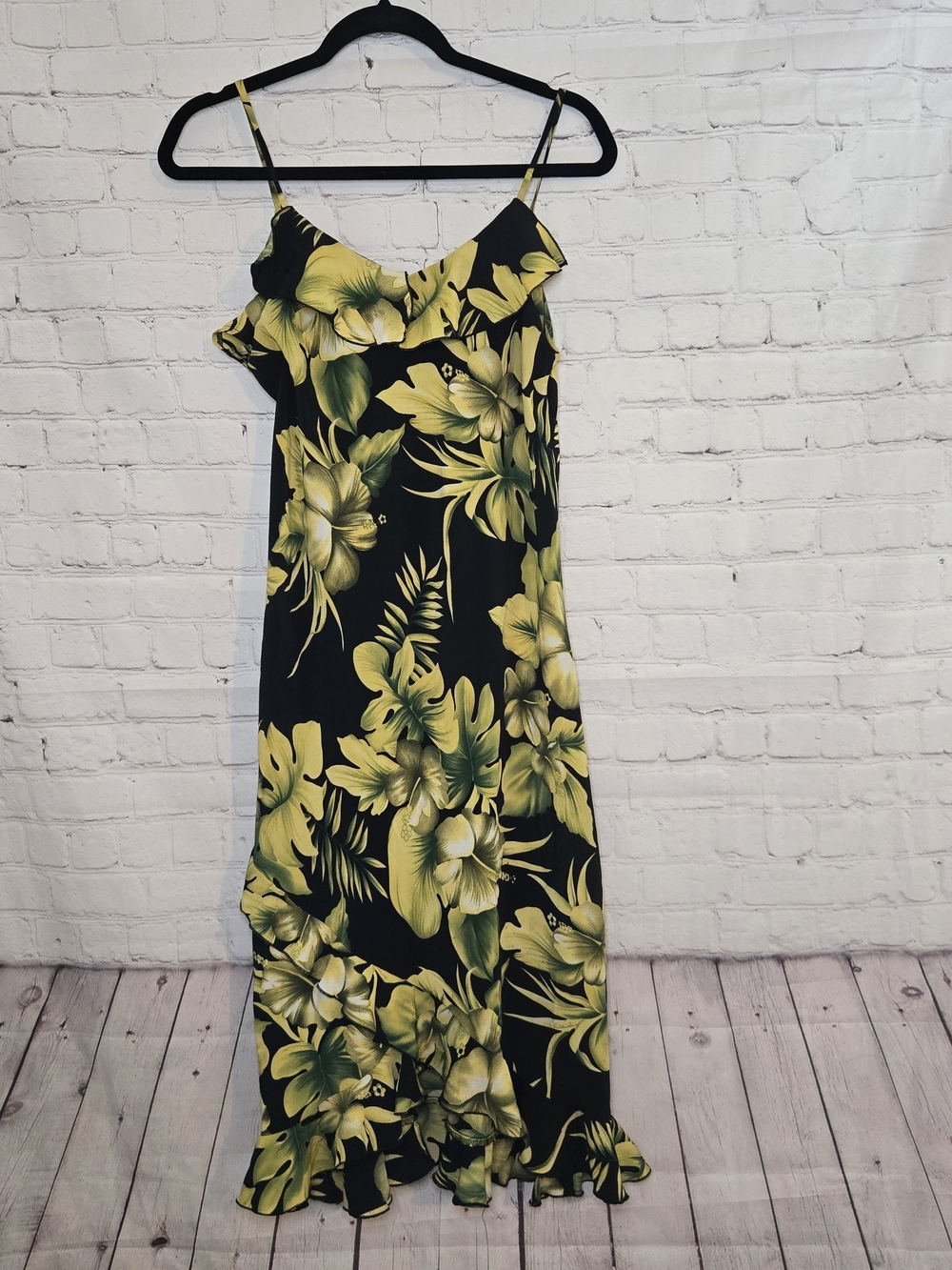 Vintage 90s sleeveless resort wear tropical floral ruffle lettuce hem slip dress